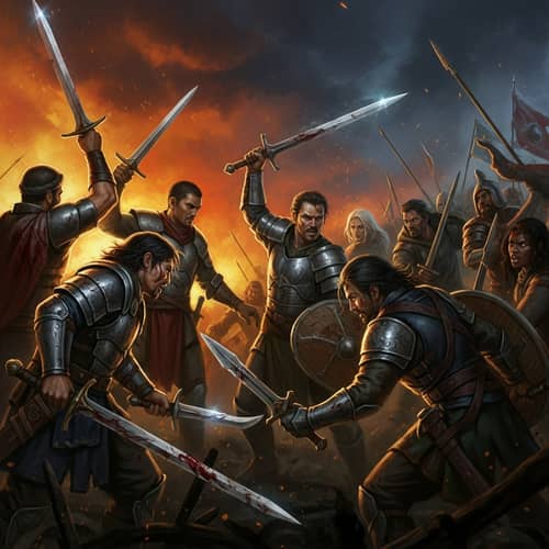 Intense Battle Scene: Dark & Fiery Warriors in Combat