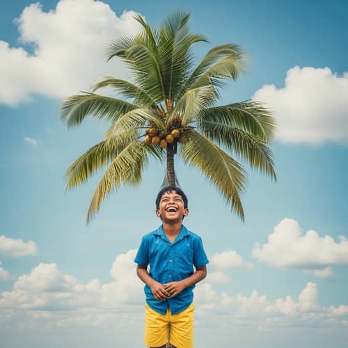 Joyful South Asian Boy with Imaginative Palm Tree and Coconuts