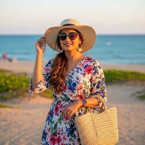 Stylish South Asian Woman Enjoying Sunny Seaside | Sun Hat & Floral Dress