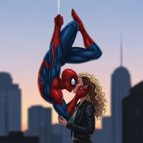 Spiderman Kissing Girl with Curly Blonde Hair - Romantic City Scene