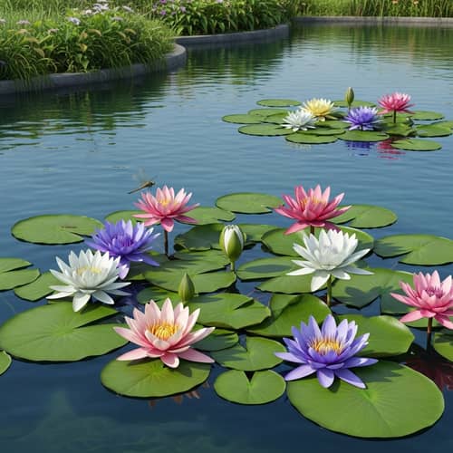 Tranquil Pond with Beautiful Water Lilies and Dragonfly