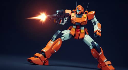 Orange and White Gundam in Dynamic Pose | Futuristic Infographic Style