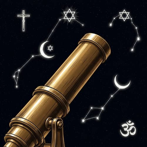 Unique Brass Telescope with Religious Symbols in Starry Night Sky
