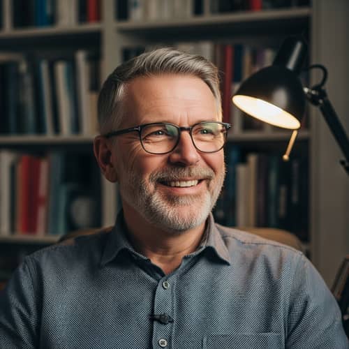 Middle-Aged Caucasian Man with Rectangular Reading Glasses