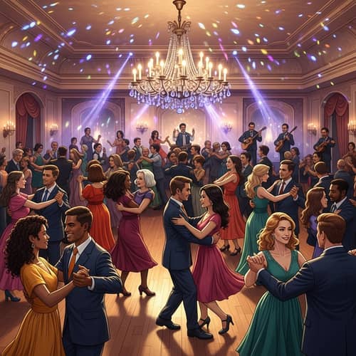 Energetic Dance Scene in Grand Ballroom: Diverse Couples Swirling