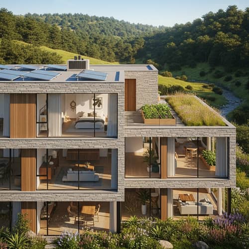 Modern Sustainable Residential Building Surrounded by Greenery