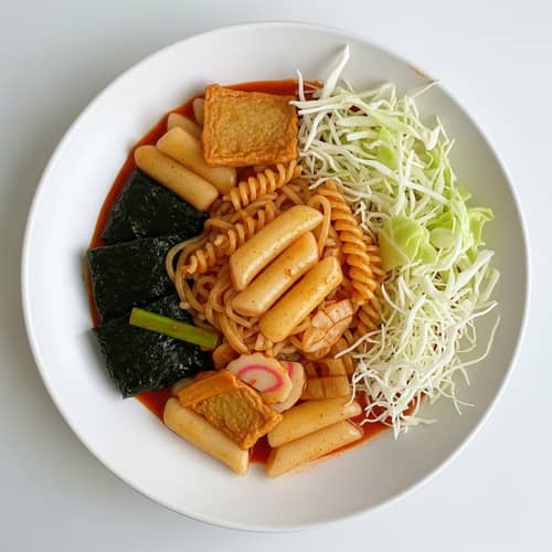 Realistic Dduk Bok Ki with Rice Cake, Fish Cake, Noodle Pasta | Top View