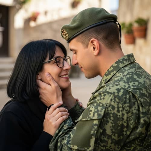 Affectionate Moment: Pixelated Military Man and Local Woman