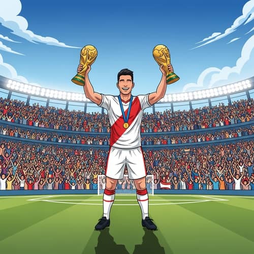 Hispanic Soccer Player Triumphantly Holding Two World Cup Trophies