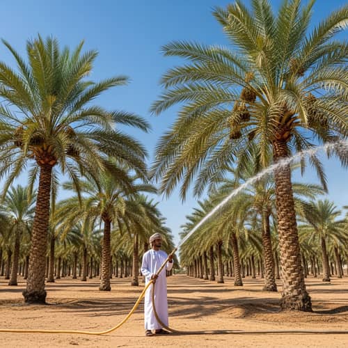 Traditional Omani Man Watering Lush Palm Trees