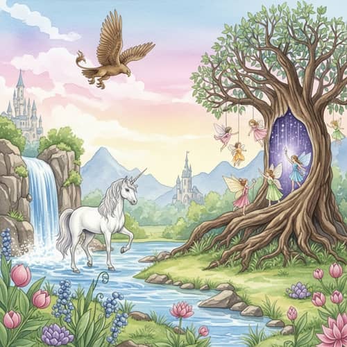 Fantasy Watercolor Scene with Mythical Creatures