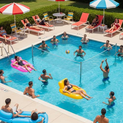 Diverse Pool Scene: People of Different Descent Enjoying Sunny Day