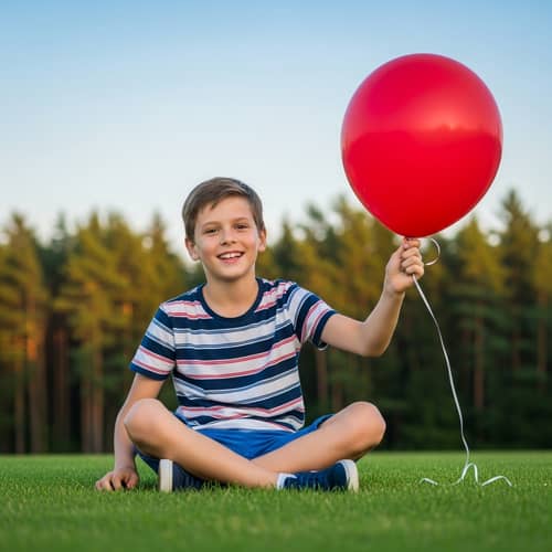 Radiant 10-Year-Old Boy Enjoying Outdoors with Red Balloon