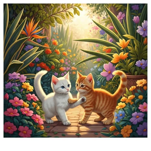 Adorable Kittens in Moroccan Garden: White & Orange Striped Cats