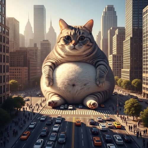 Giant Cat in Urban Landscape - Enchanting City Scene