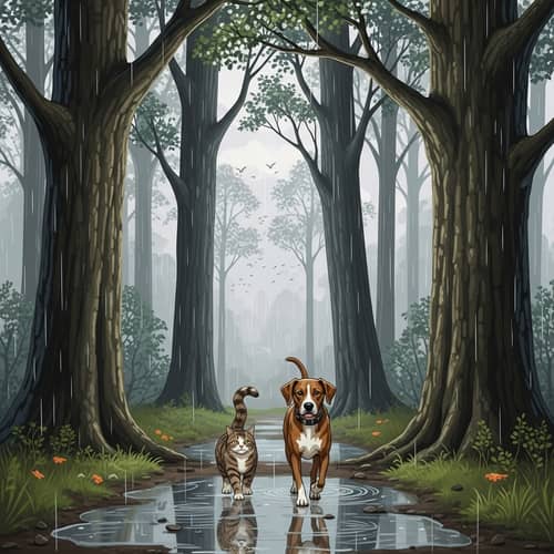 Cat and Dog Walking on Forest Trail in the Rain Cat and Dog Walking on Forest Trail in the Rain