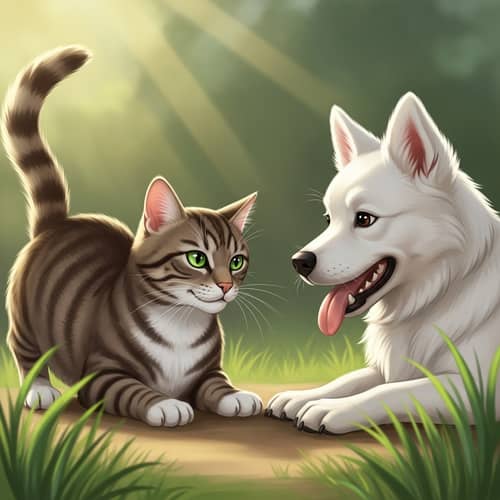 Playful Stare-off Between Striped Cat and White Dog