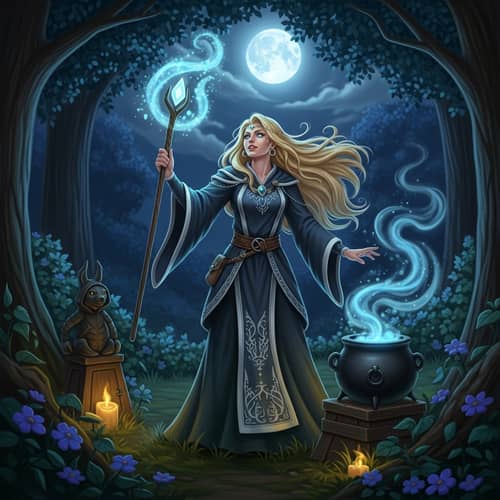 Blonde Sorceress Casting Spell in Enchanted Woodland - Magic Scene