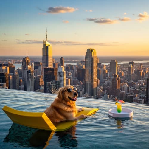 A Dog in Swimming Pool on Building Top