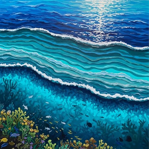 Vivid Abstract Ocean Art: Waves, Marine Life & Flora