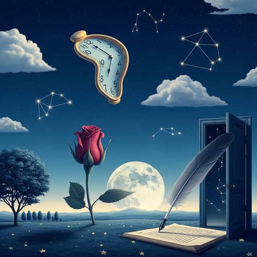 Surrealistic Scene with Floating Clock and Giant Rose Bud