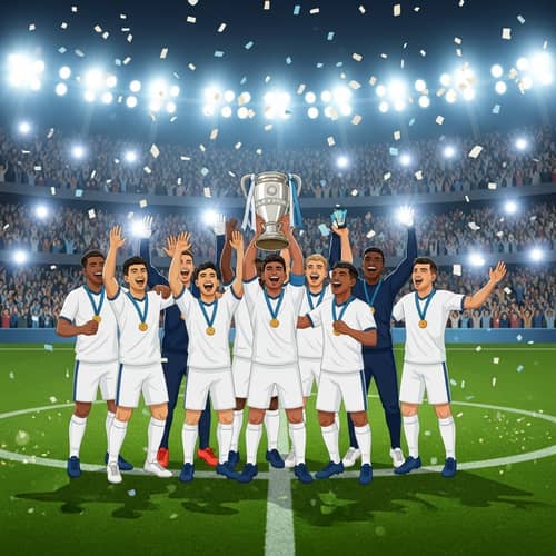 Soccer Team Celebrates Victory with Trophy on Crowded Stadium Pitch