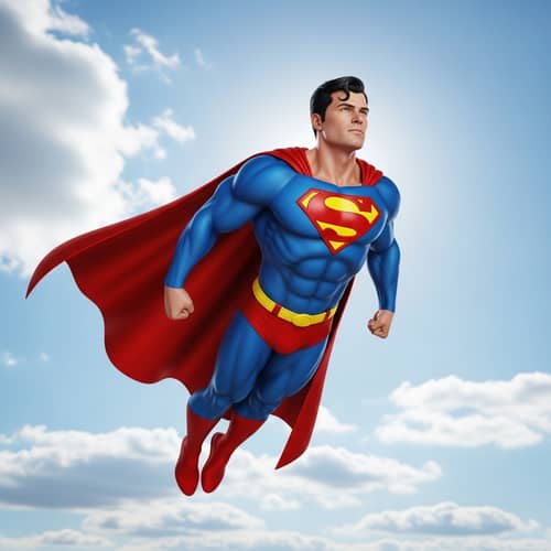 Mighty Hero Soaring in Blue Costume with Red Cape | Website
