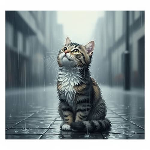 Tranquil Cat Scene Under Rain | Atmospheric and Cold Palette
