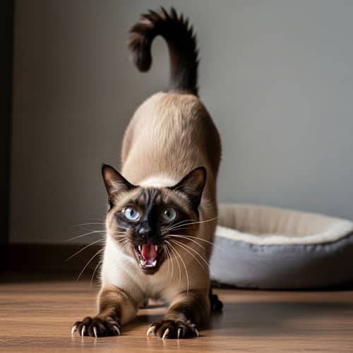 Angry Siamese Cat: Hostile Demeanor in Domestic Setting