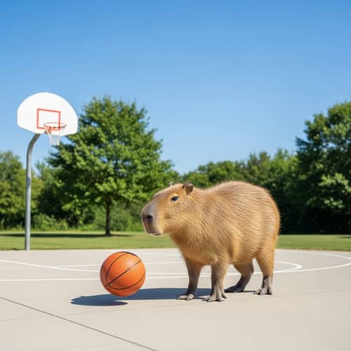 Playful Capybara Dribbling Basketball on Vibrant Court