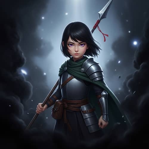 Black-Haired Asian Girl with Glowing Purple Eyes and Spear