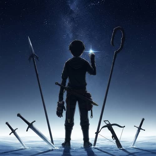 Anime Dark Silhouette Boy with Mystical Weapons Under Starlit Snowy Night