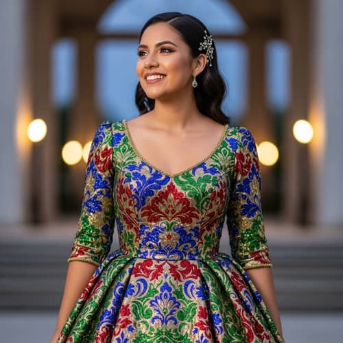 Radiant Hispanic Lady in Beautiful Gown | Enchanting Smile