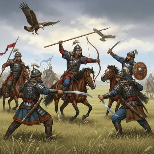 Kazakh Warriors Battle Scene on Steppes