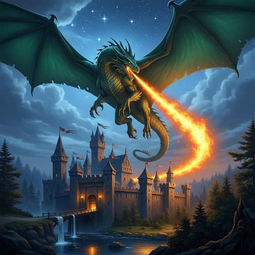 Majestic Dragon Soaring Above Medieval Castle | Night Sky Illumination