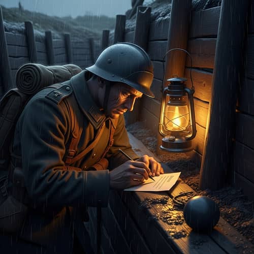 French Infantry Soldier Writing a Heartfelt Letter in World War I Trench