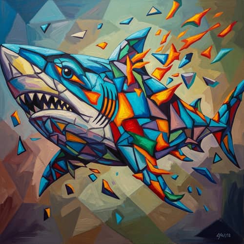 Cubist Shark Art: Geometric Fragmentation in Vibrant Oil Paint