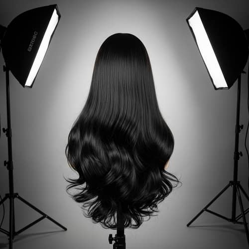 Silky Black Hair Wig in Studio Setting