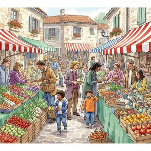 Quaint Village Market Watercolor Painting