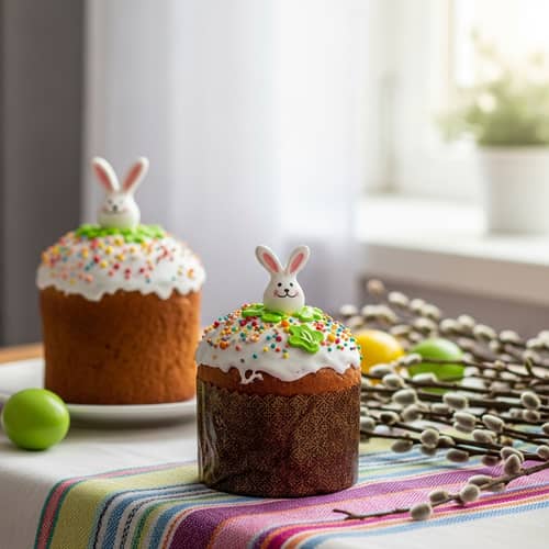 Easter Cake and Willow Branches on Tablecloth