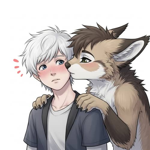 Romantic Furry Creature Planting Kiss on White Boy's Cheek