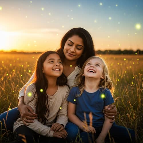 South Asian Mother and Daughters in Golden Field at Sunset