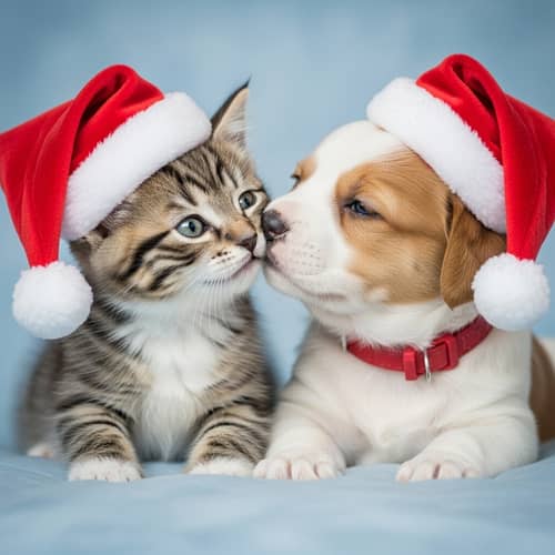 Cute Kitten and Puppy in Festive Holiday Hats | Photorealistic Art