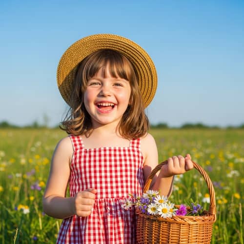Innocent Joy: Young Girl in Red Sundress with Flowers