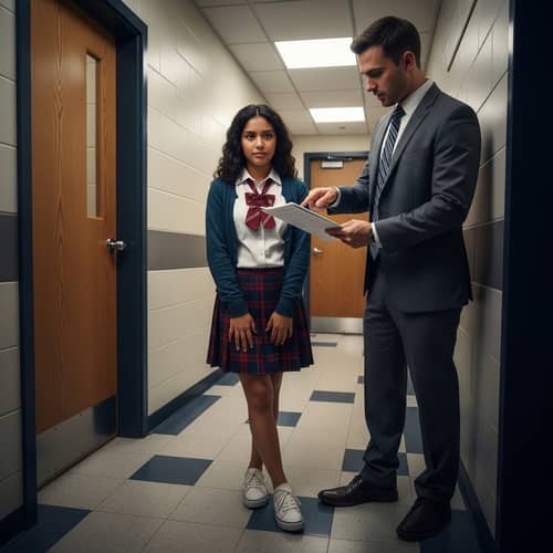 Intense School Hallway Scene: Female Student & Teacher