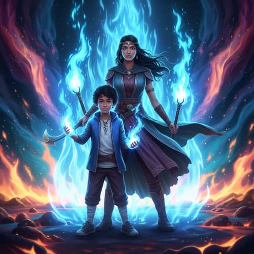 Mystical Woman & Brother in Ethereal Flames | Surreal Digital Painting