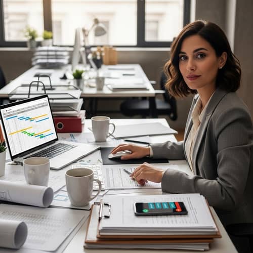 Confident Spanish Woman Project Manager Multitasking at Desk