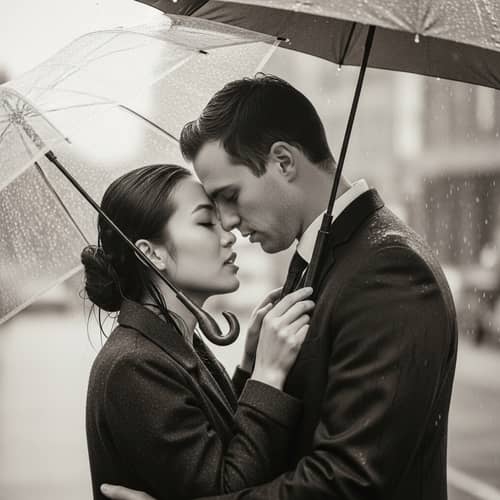 Vintage Embrace: Asian Woman & Caucasian Man in Romantic Downpour