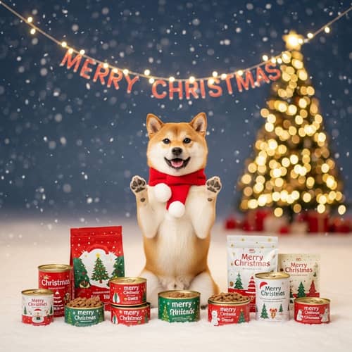 Festive Christmas-Themed Pet Food with Adorable Shiba Inu Dog