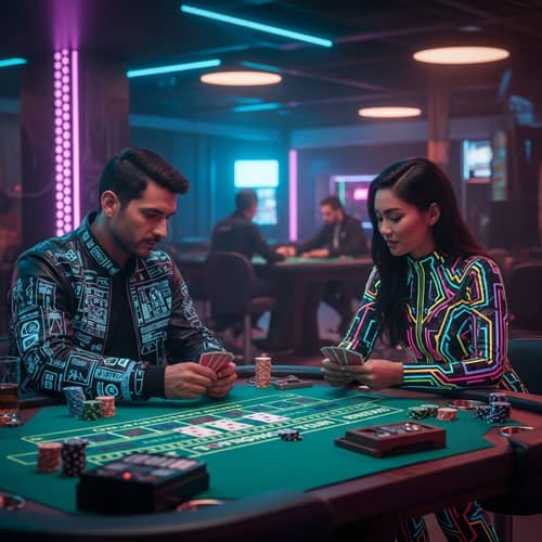 Cyberpunk Casino Scene with Man and Woman Playing Card Game